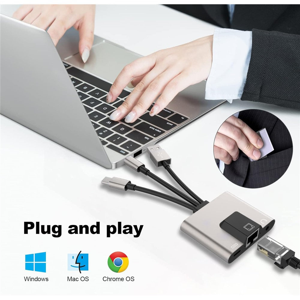 NK-1056S iP  /  USB-A  /  Type-C 3-in-1 Ethernet Adapter with 3.5mm Audio Jack for Windows / Mac OS / Phone / Pad