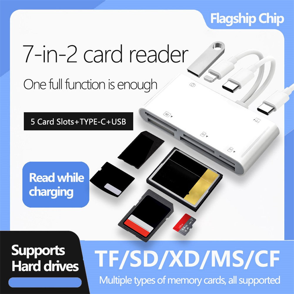 901pro 8Pin + Type-C 7 in 1 Card Reader CF TF SD XD MS Card U-Disk Type-C Earphones Adapter