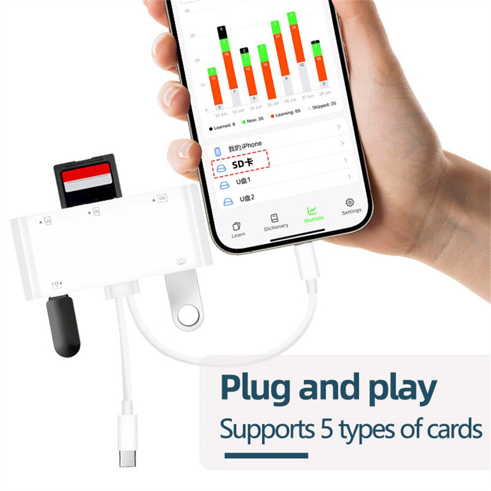 901pro 8Pin + Type-C 7 in 1 Card Reader CF TF SD XD MS Card U-Disk Type-C Earphones Adapter