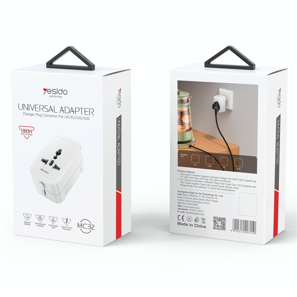 YESIDO MC32 Universal Travel Adapter Multi-Nation Compatibility 1380W Global Plug Converter