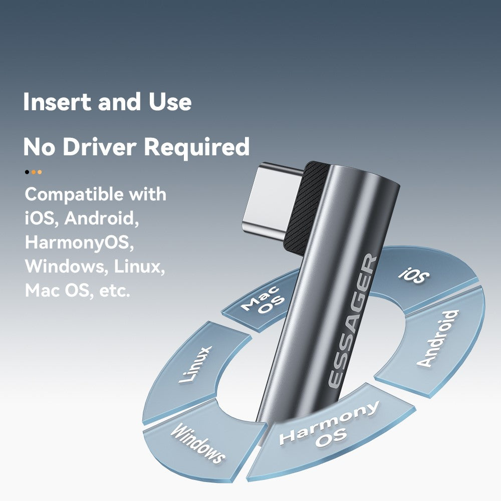 ESSAGER Type-C Male to 3.5mm Female L-Shaped Audio Adapter Inline Control Audio Adapter
