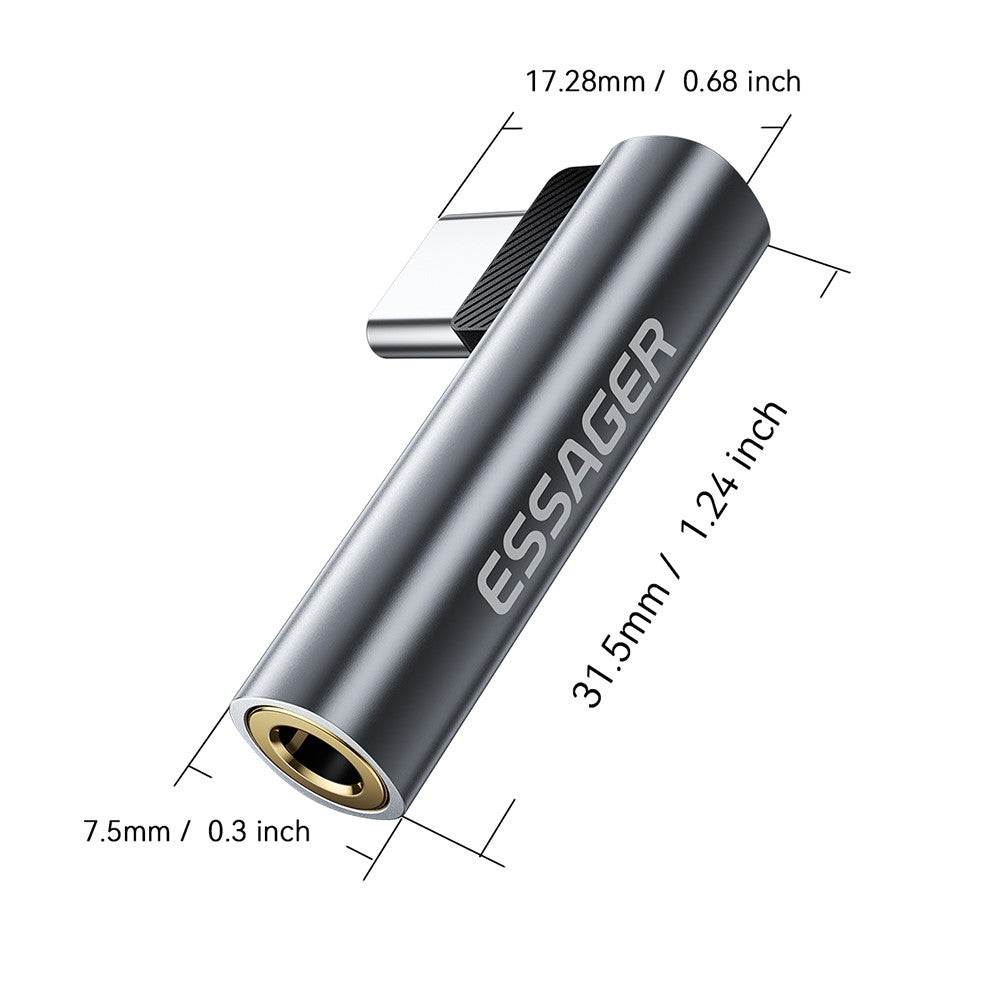 ESSAGER Type-C Male to 3.5mm Female L-Shaped Audio Adapter Inline Control Audio Adapter
