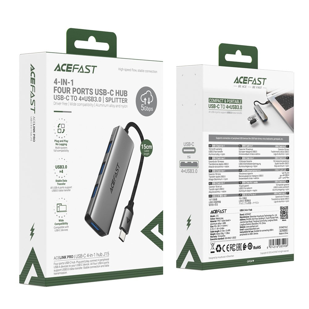 ACEFAST J15 4 in 1 USB-C Hub 5Gbps High Speed Data Transfer USB 3.0 Docking Station Plug and Play
