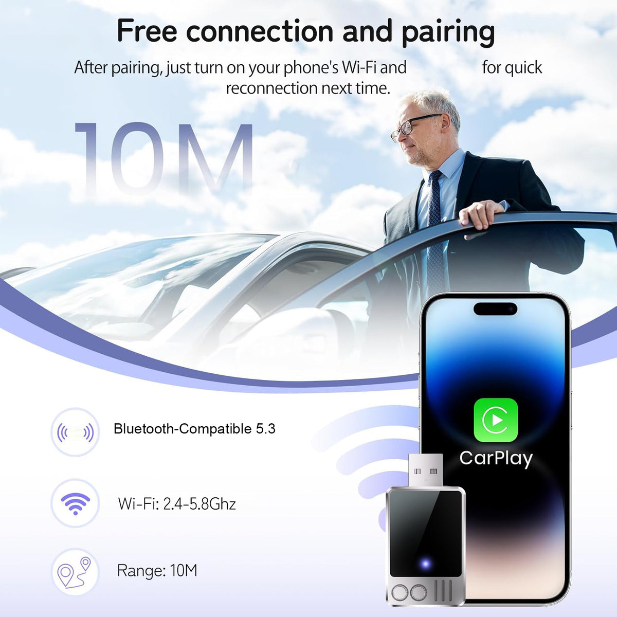 Wired to Wireless CarPlay Adapter for iPhone 2.4/5.8G Dual Band WiFi Bluetooth-compatible USB Dongle