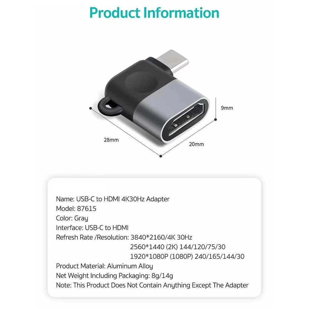 COTECI 87615 USB-C to HD 4K 30Hz Adapter Aluminum Alloy Converter for Laptop Phone
