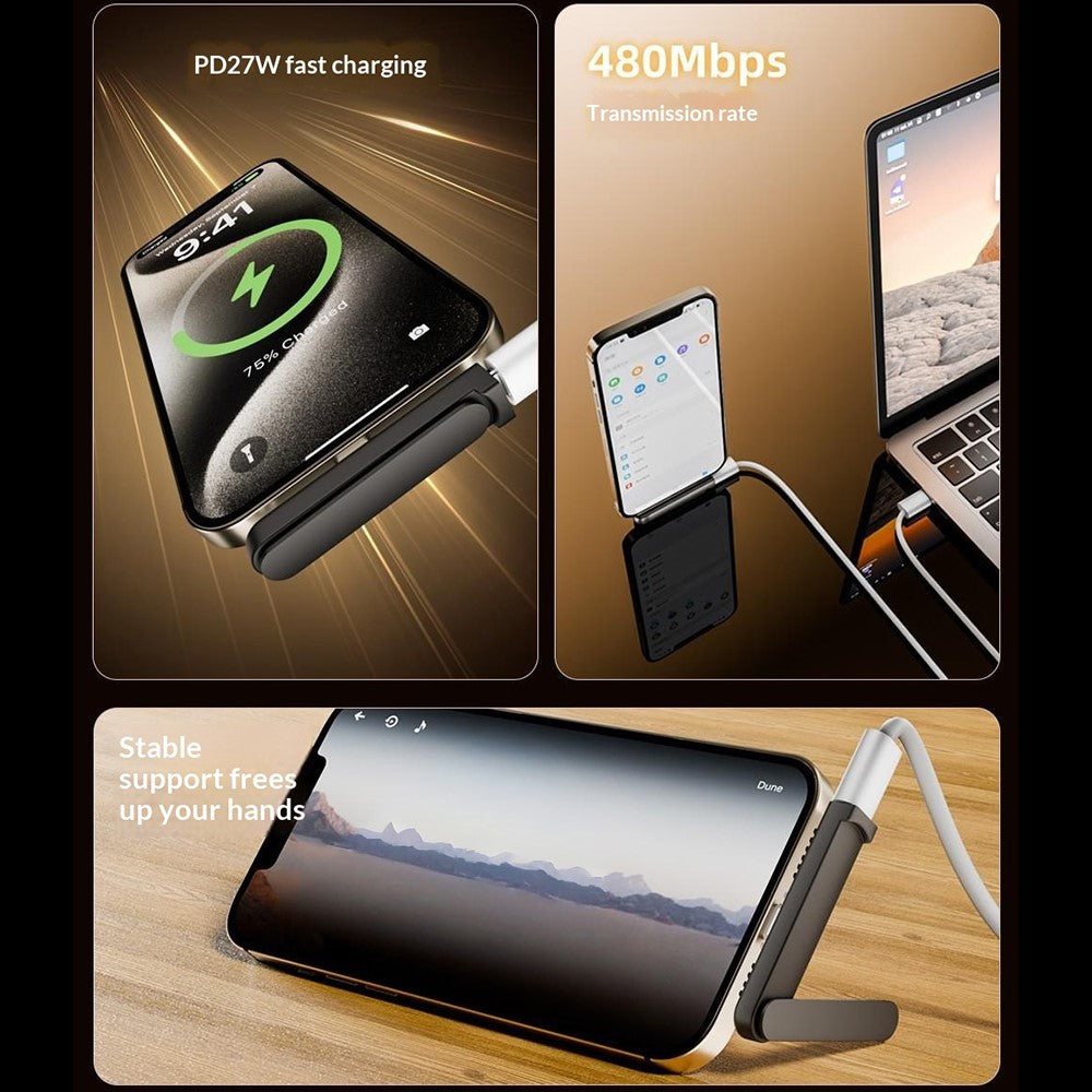 PH-02 Foldable Phone Stand with iP (5-14) to Type-C Adapter 27W PD Fast Charging Data Transfer Gaming Phone Holder