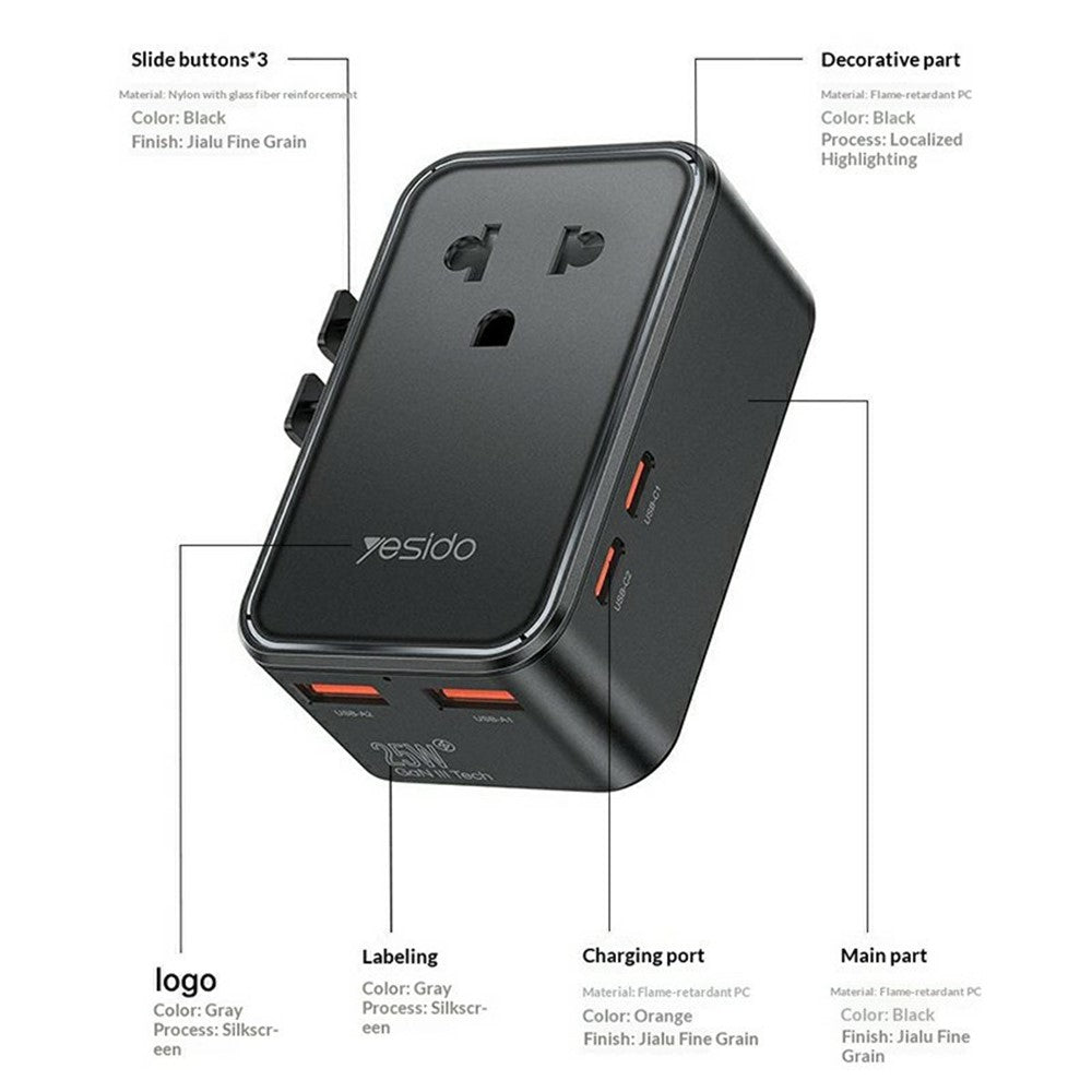 YESIDO MC47 4-Port 25W GaN Fast Charger Universal Travel Adapter with 2 USB-A + 2 USB-C Ports