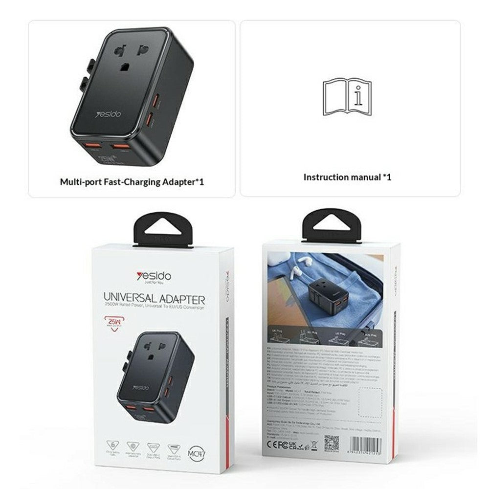 YESIDO MC47 4-Port 25W GaN Hurtigoplader Universal Rejseadapter med 2 USB-A + 2 USB-C Porte