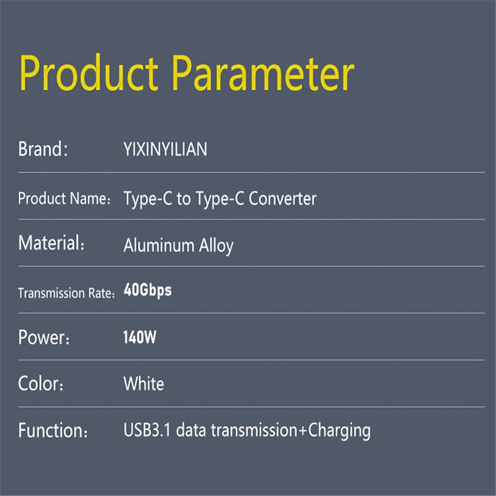 USB 3.1 USB-C Male to Type-C Male Adapter 40Gpbs Data Transfer 140W Charging