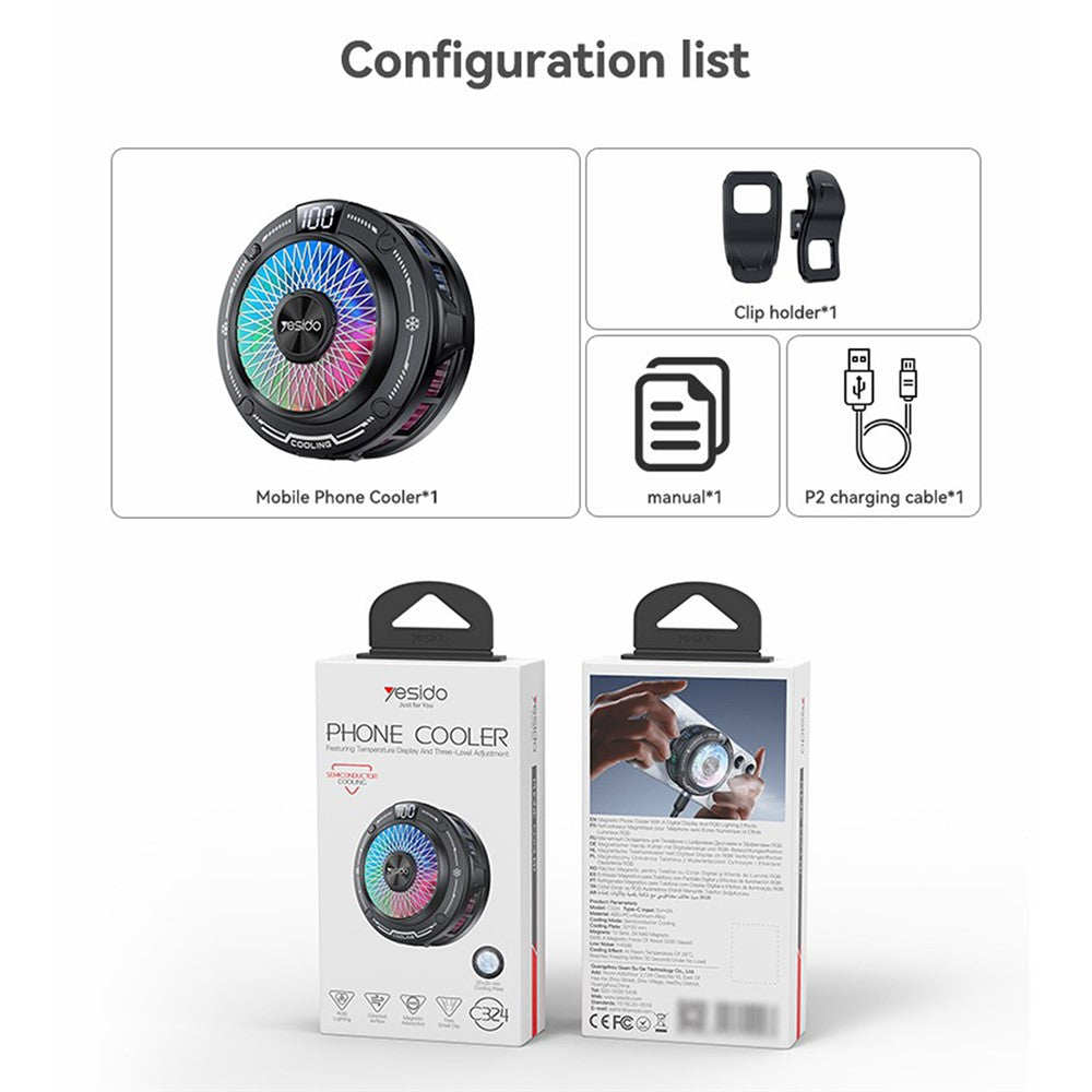 YESIDO C324 Magnetic Phone Cooler Semiconductor Radiator Digital Display RGB Gaming Cooling Fan