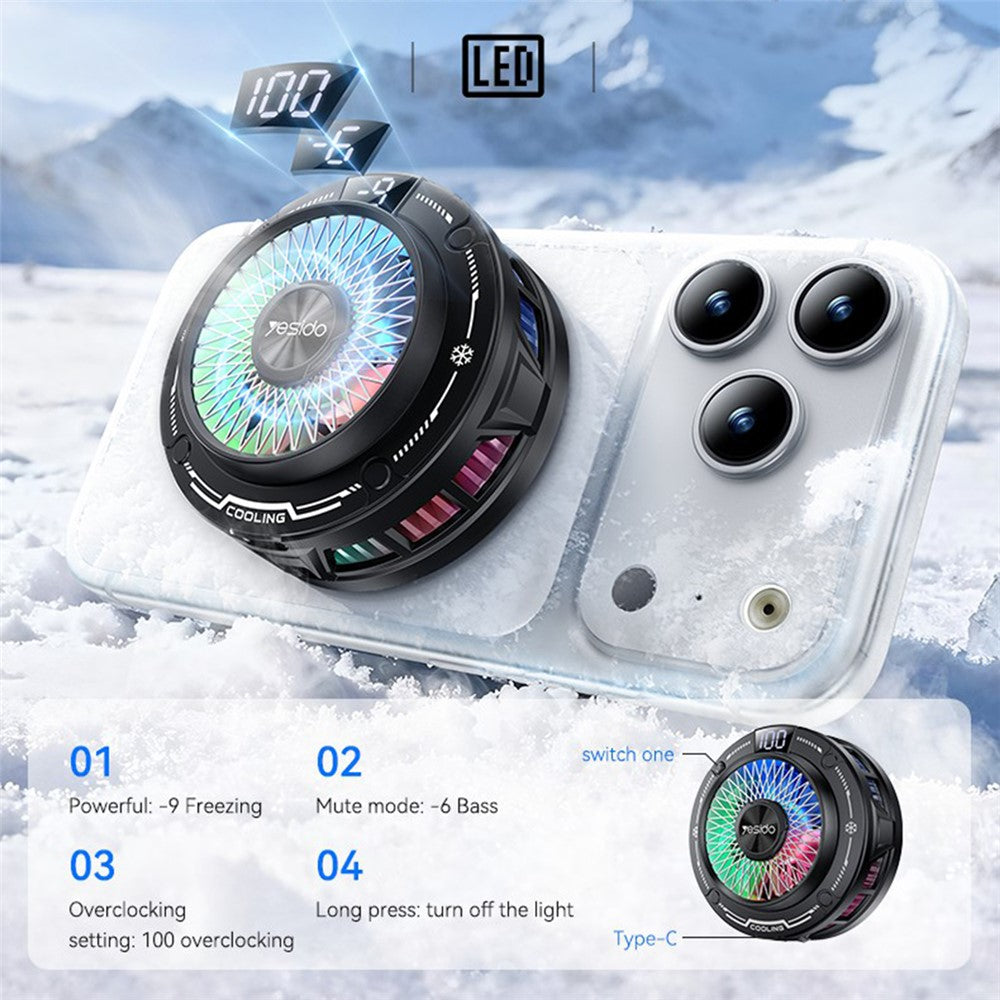 YESIDO C324 Magnetic Phone Cooler Semiconductor Radiator Digital Display RGB Gaming Cooling Fan