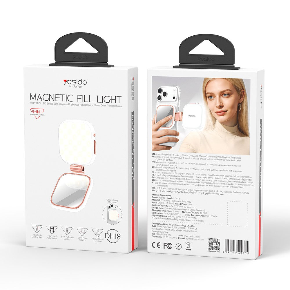 YESIDO DH18 4-i-1 Magnetisk Fyldlys med Standerspejl 750mAh LED Ringlys Trinløs Lysstyrkejustering Lampe