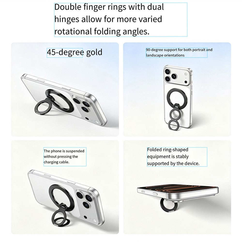 Magnetic Phone Stand Double-Ring Dual Hinges 360° Rotating Foldable Finger Ring Holder for Desk and Selfie