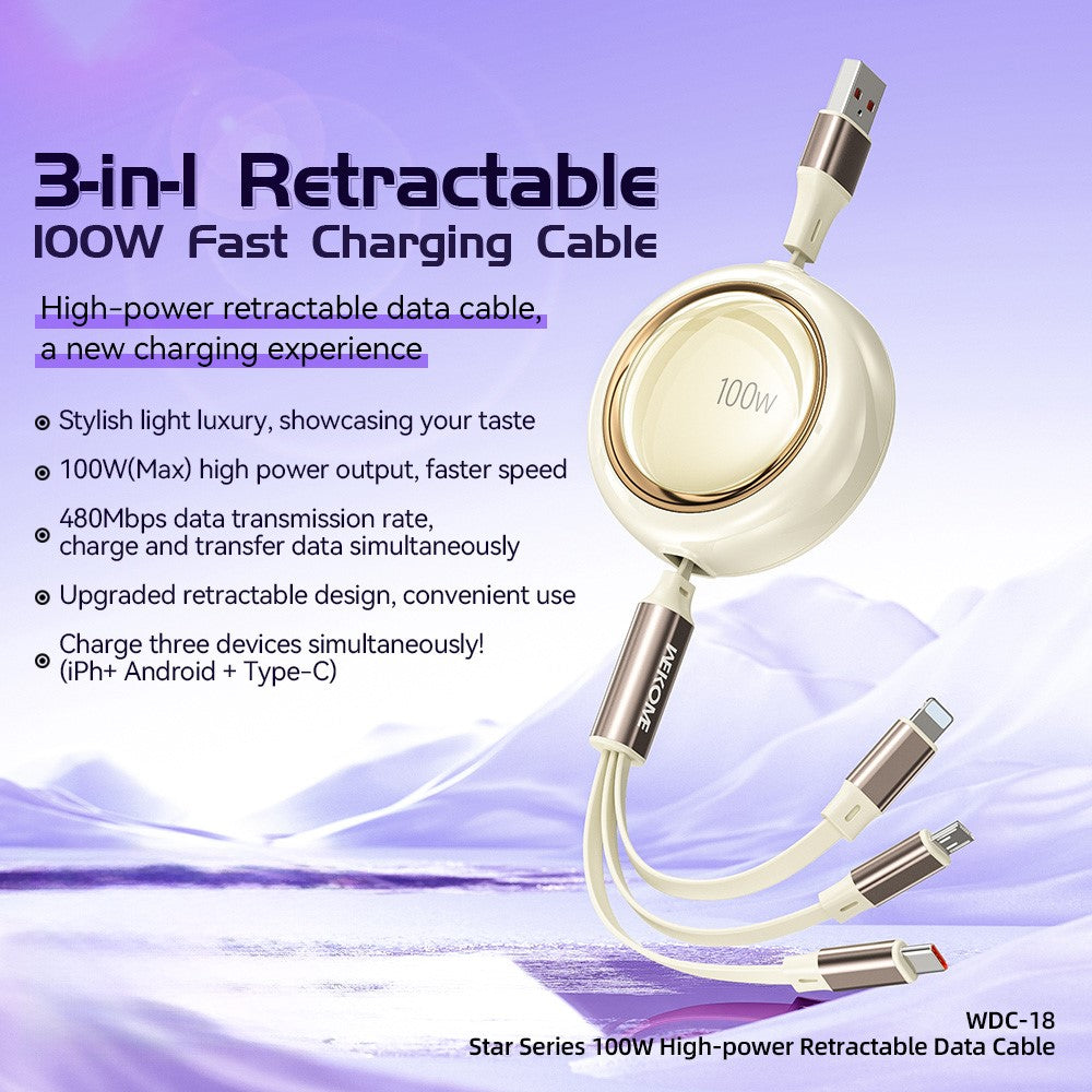 WEKOME WDC-18 Star Series 1.2m 3-in-1 Retractable 100W Fast Charging Cable Date Cord