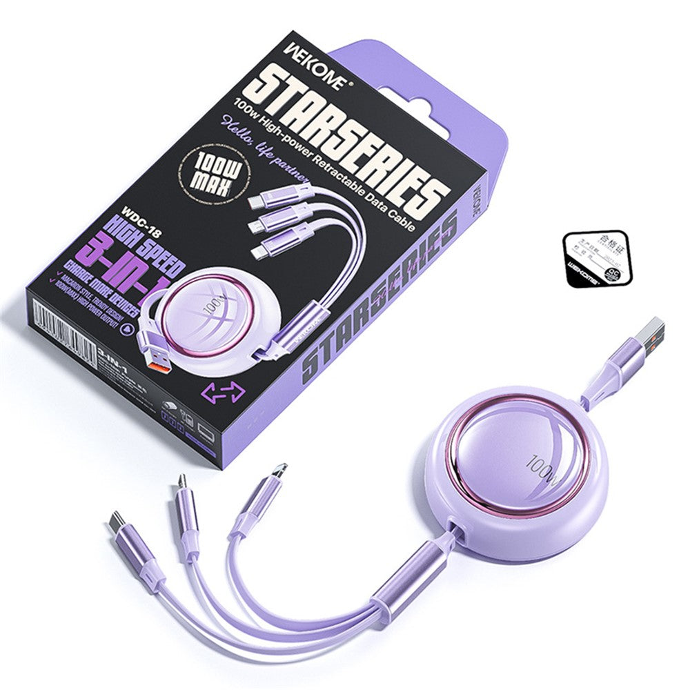 WEKOME WDC-18 Star Series 1.2m 3-in-1 Retractable 100W Fast Charging Cable Date Cord