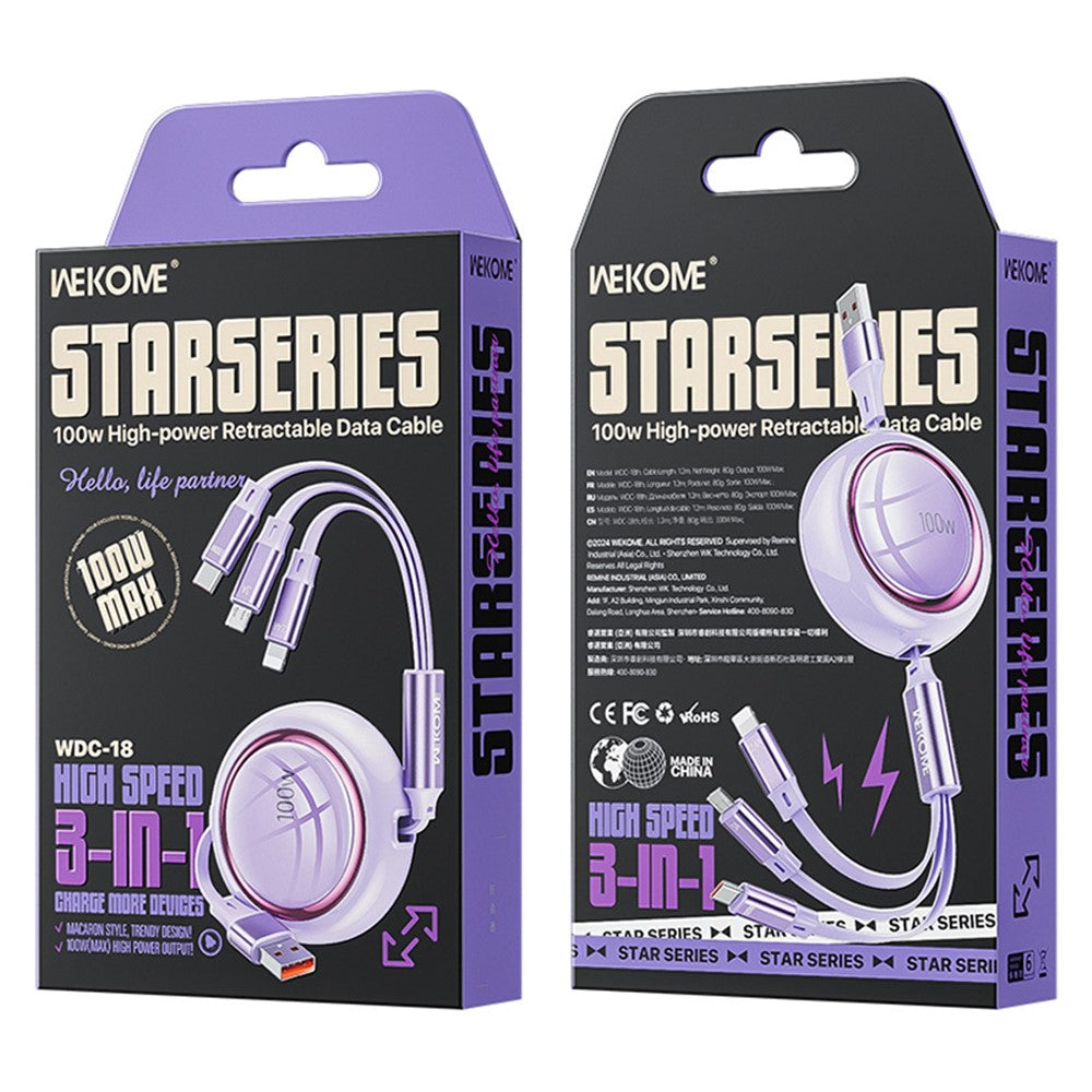 WEKOME WDC-18 Star Series 1.2m 3-in-1 Retractable 100W Fast Charging Cable Date Cord