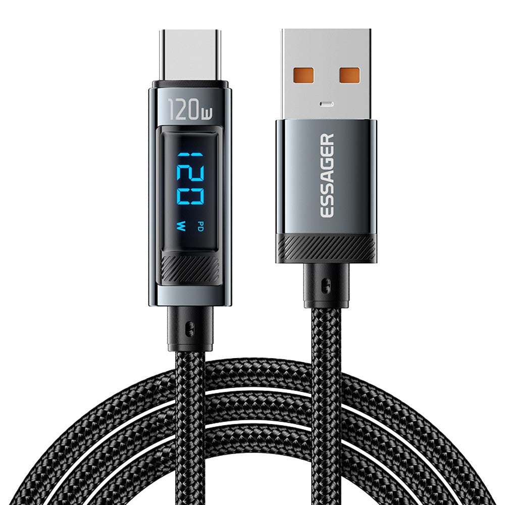 ESSAGER EXC120-HCA0G-P 2m USB-A til Type-C til Xiaomi Hurtigopladning 120W Datakabel med Digitalt Display