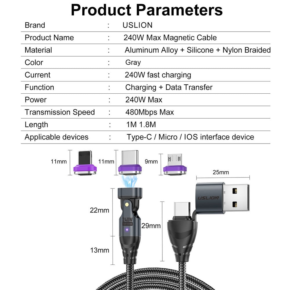 USLION US0204 1m USB / Type-C to Type-C / Micro / iP Cable Rotatable 240W Magnetic Charging Cable