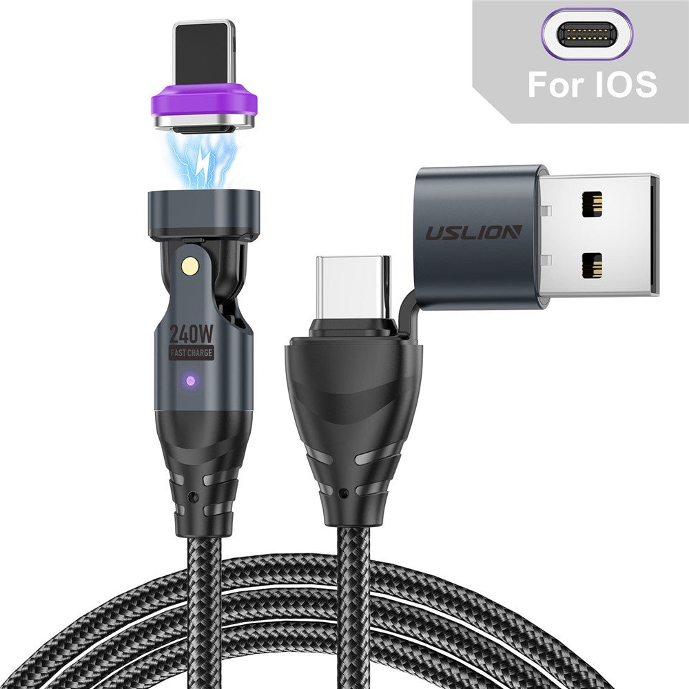 USLION US0204 1m USB / Type-C 2 to 1 Data Cable 180-Degree Rotation 240W Magnetic Charging Cable