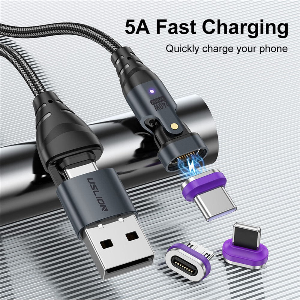 USLION US0204 1m USB / Type-C 2 to 1 Data Cable 180-Degree Rotation 240W Magnetic Charging Cable