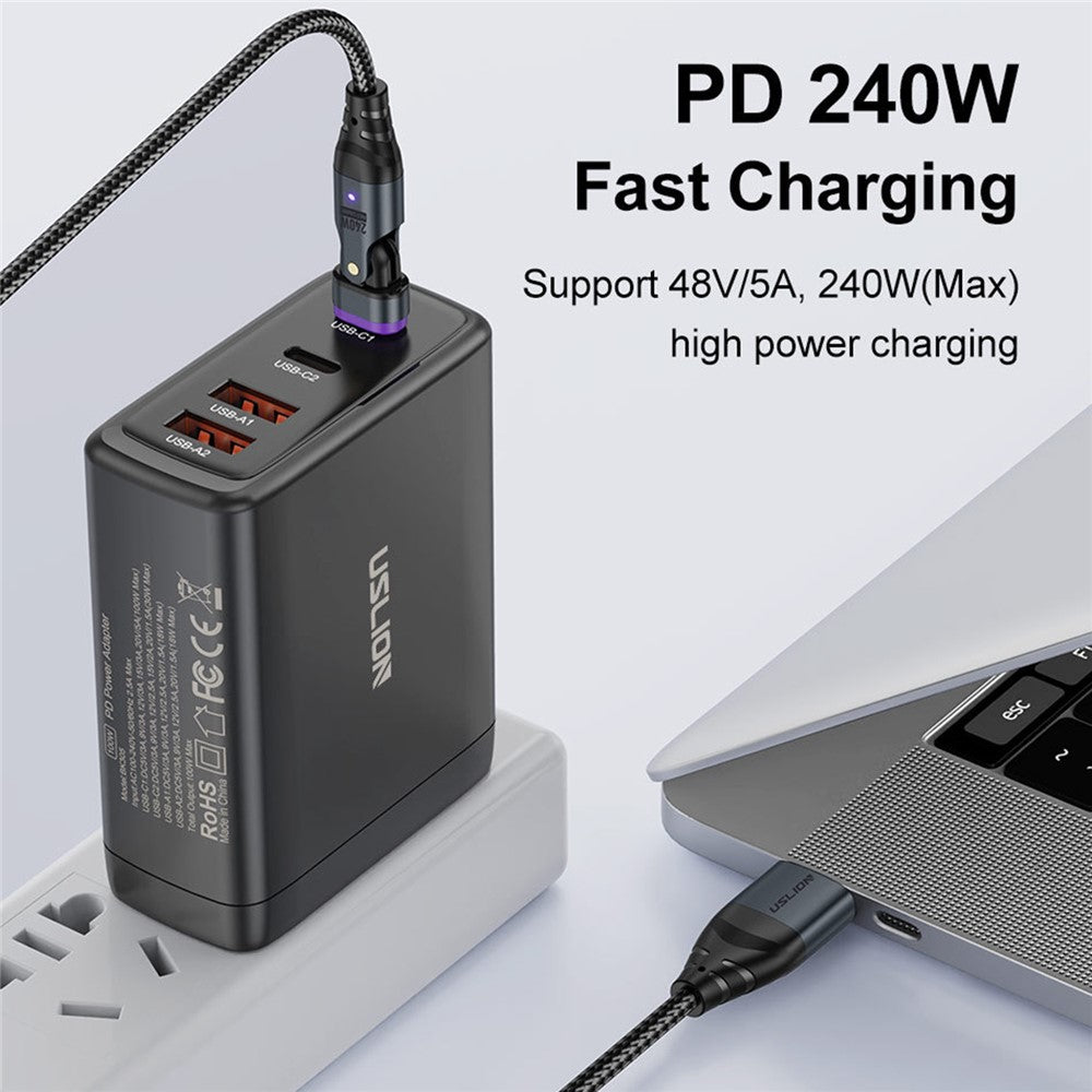 USLION US0204 1m USB / Type-C 2 to 1 Data Cable 180-Degree Rotation 240W Magnetic Charging Cable