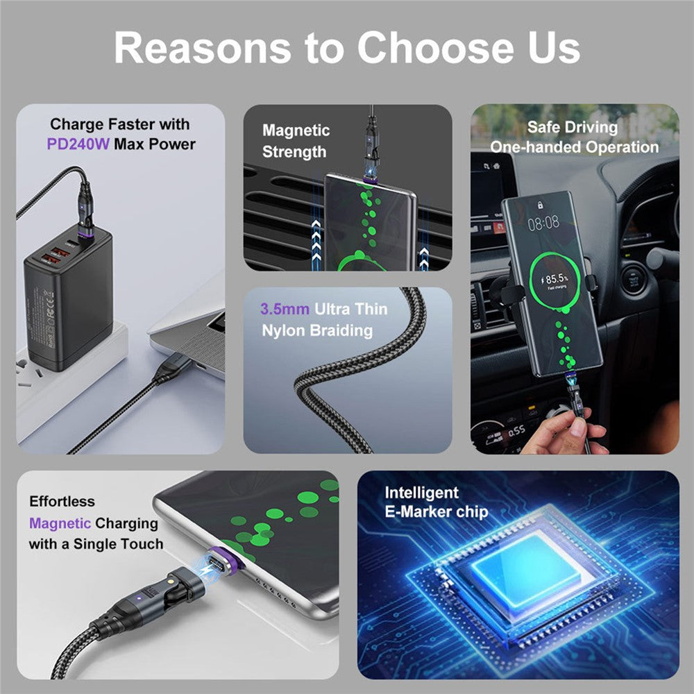 USLION US0204 1m USB / Type-C 2 to 1 Data Cable 180-Degree Rotation 240W Magnetic Charging Cable