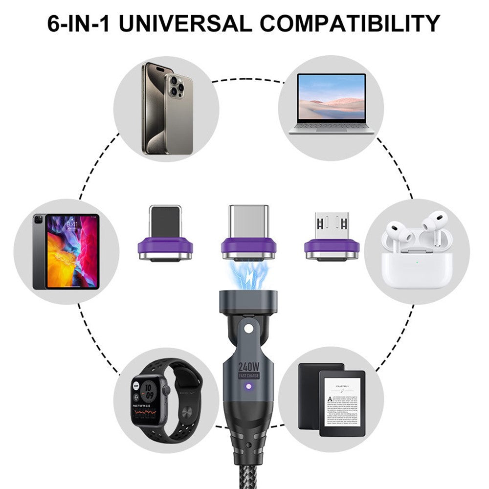 USLION US0204 1m USB / Type-C 2 to 1 Data Cable 180-Degree Rotation 240W Magnetic Charging Cable