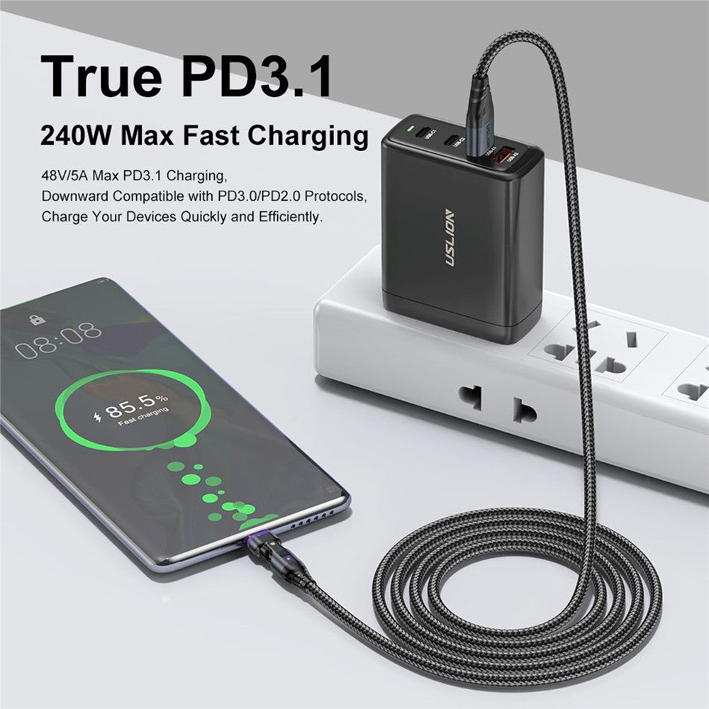 USLION US0204 1m USB / Type-C 2 to 1 Data Cable 180-Degree Rotation 240W Magnetic Charging Cable