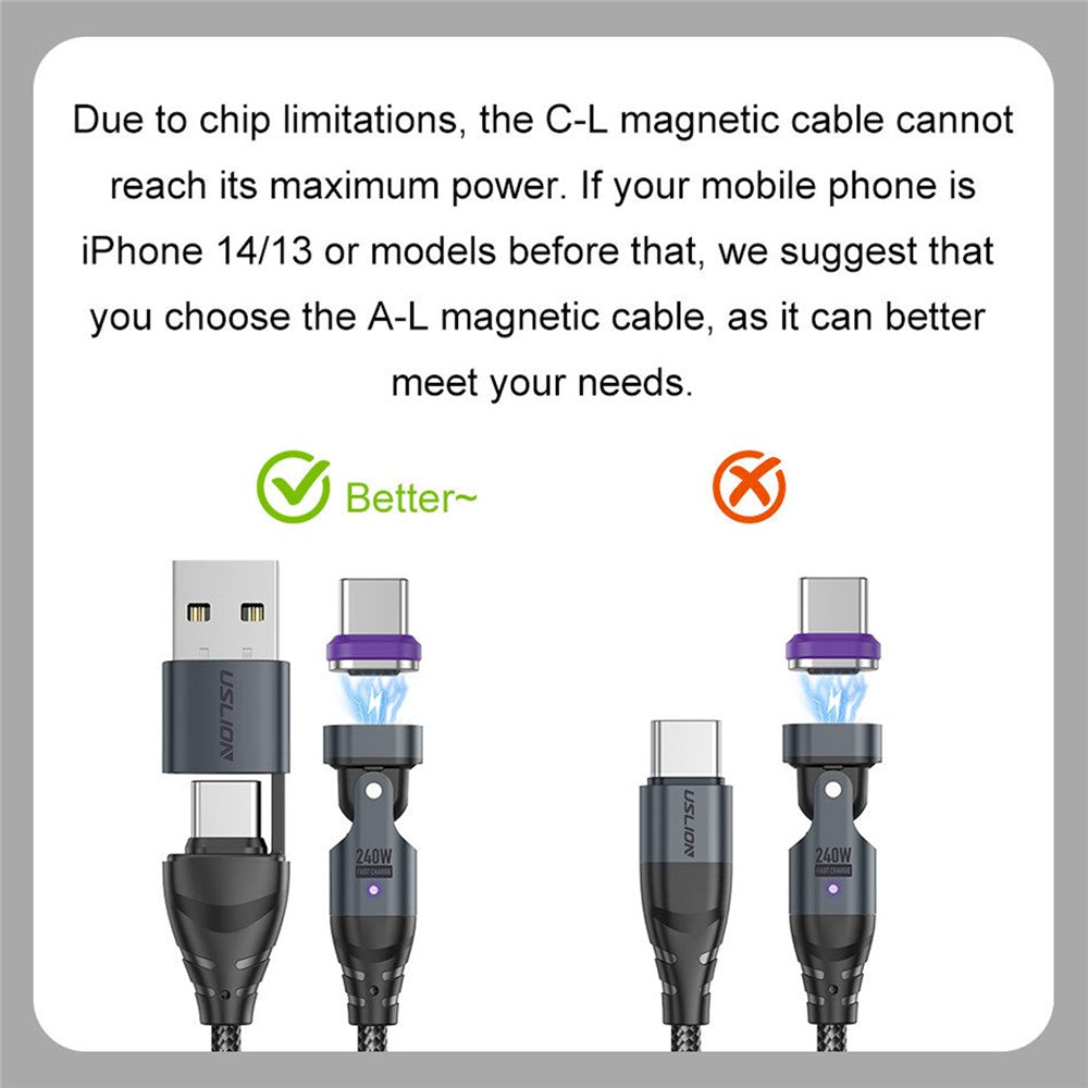 USLION US0204 1m USB / Type-C 2 to 1 Data Cable 180-Degree Rotation 240W Magnetic Charging Cable