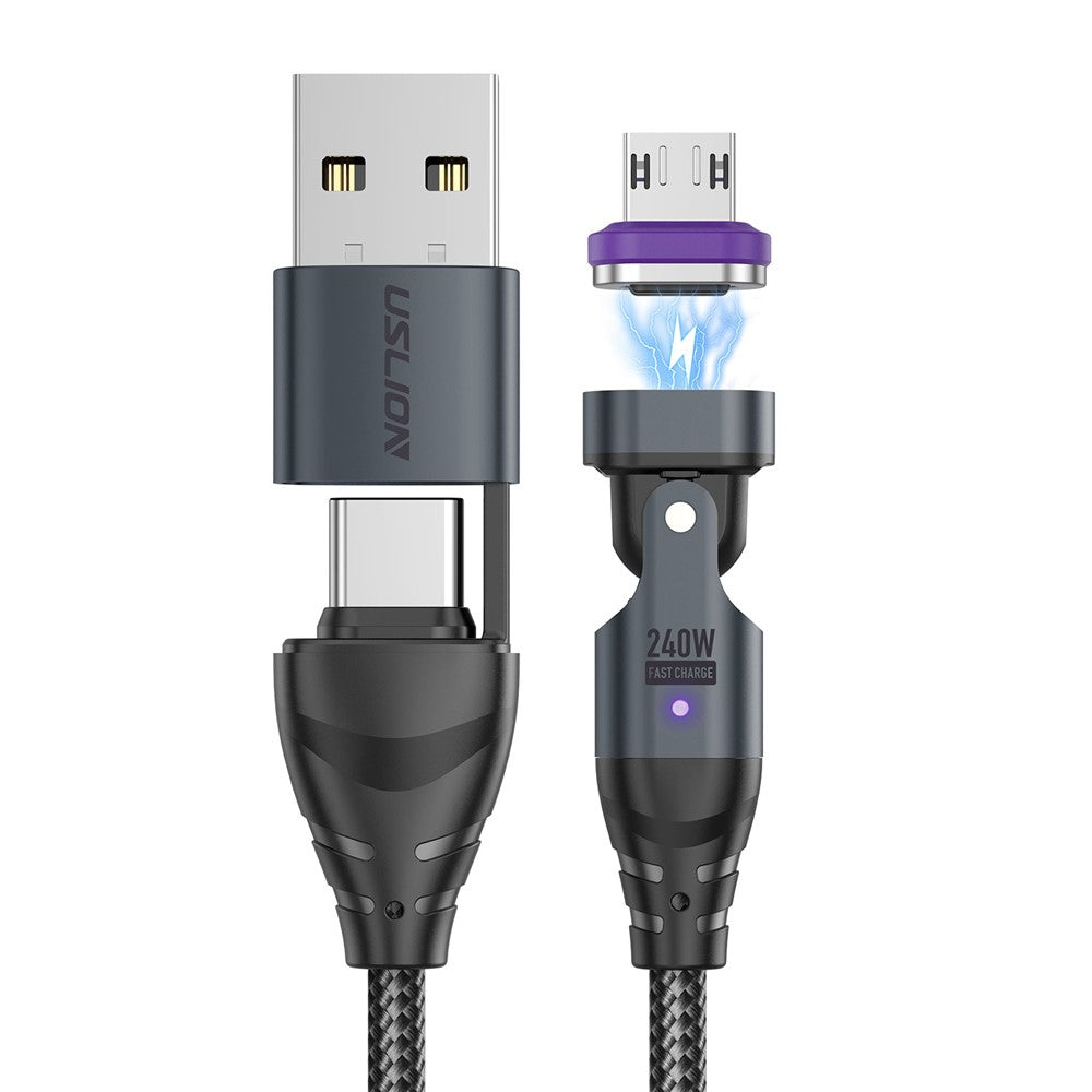 USLION US0204 1m USB / Type-C 2 to 1 Data Cable 180-Degree Rotation 240W Magnetic Charging Cable