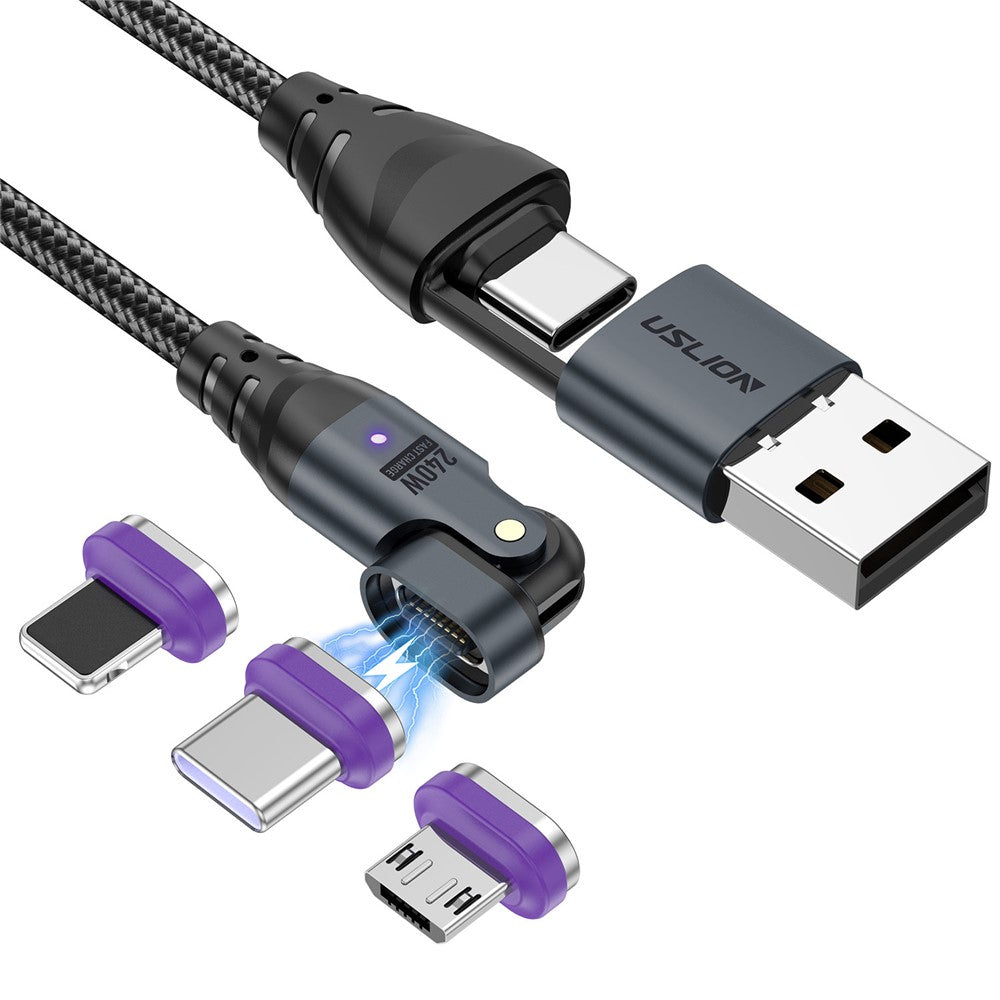 USLION US0204 1.8m USB / Type-C to Type-C / Micro / iP Cable Rotatable 240W Magnetic Charging Cable