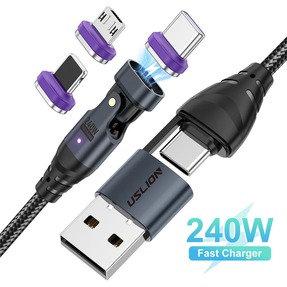 USLION US0204 1.8m USB / Type-C to Type-C / Micro / iP Cable Rotatable 240W Magnetic Charging Cable