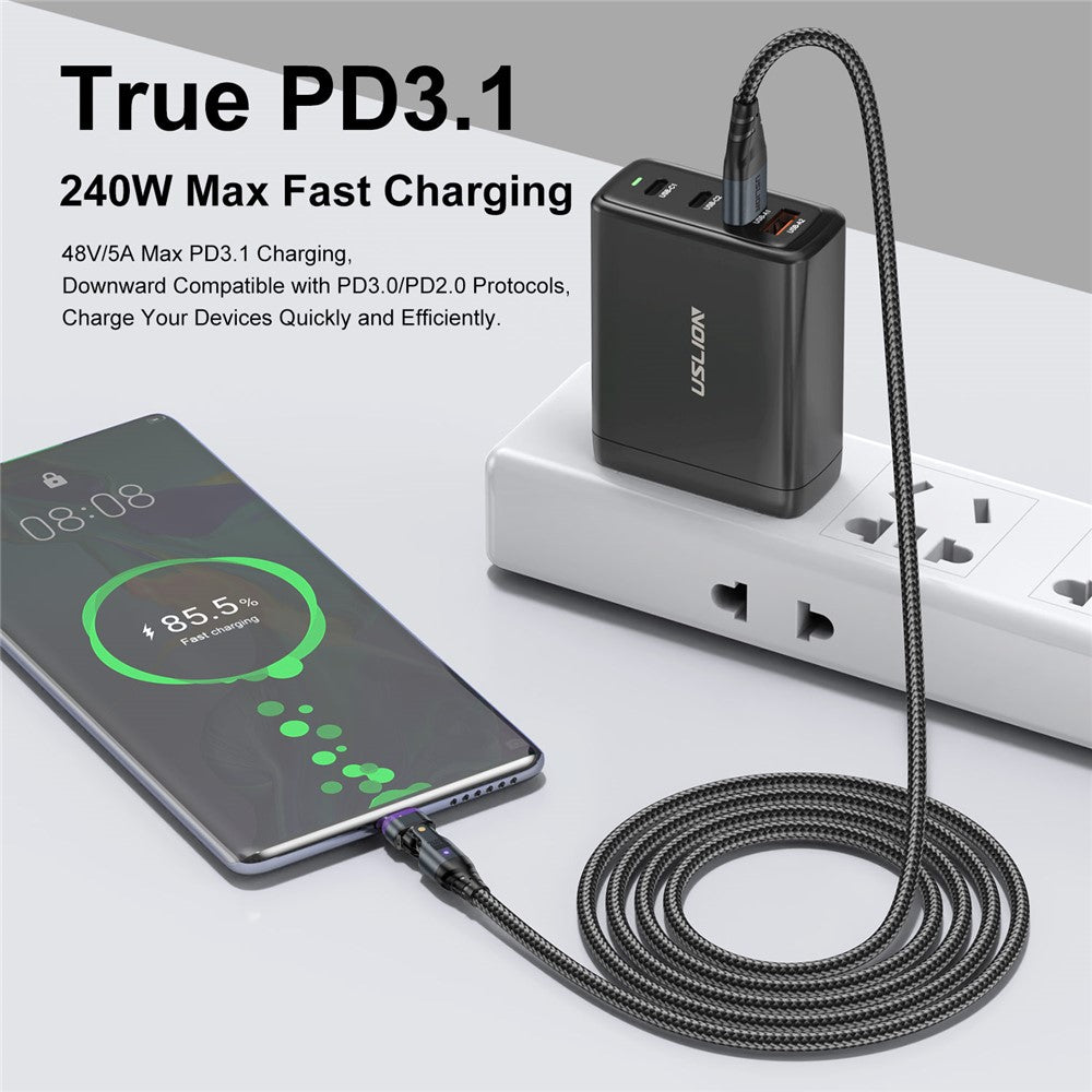 USLION US0204 1.8m USB / Type-C to Type-C / Micro / iP Cable Rotatable 240W Magnetic Charging Cable