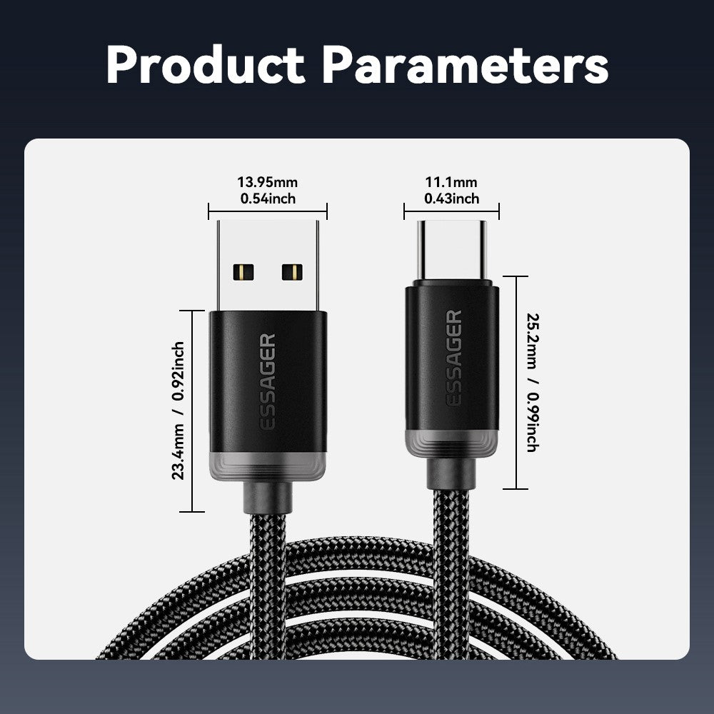 ESSAGER ES-X60 1m USB to Type-C Phone Charging Cable 3A Braided Data Cable
