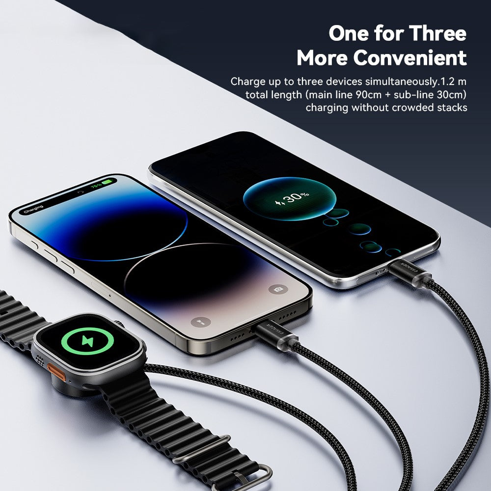 ESSAGER 1,2 m USB til Type-C + 8-pin + trådløs opladningsdock til Apple Watch flettet opladerkabel