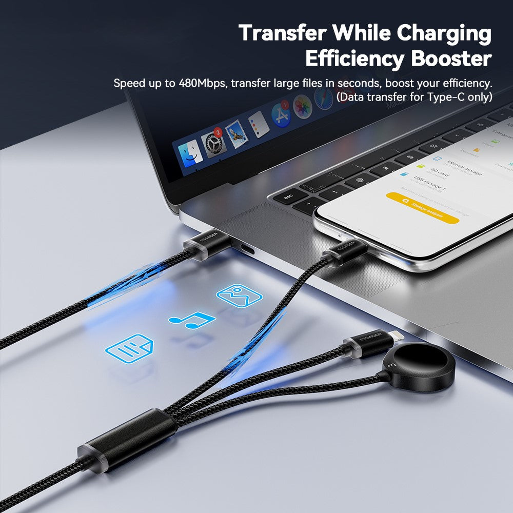 ESSAGER 1,2 m USB til Type-C + 8-pin + trådløs opladningsdock til Apple Watch flettet opladerkabel