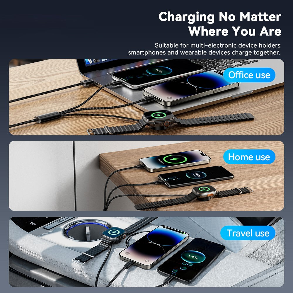ESSAGER 1,2 m USB til Type-C + 8-pin + trådløs opladningsdock til Apple Watch flettet opladerkabel