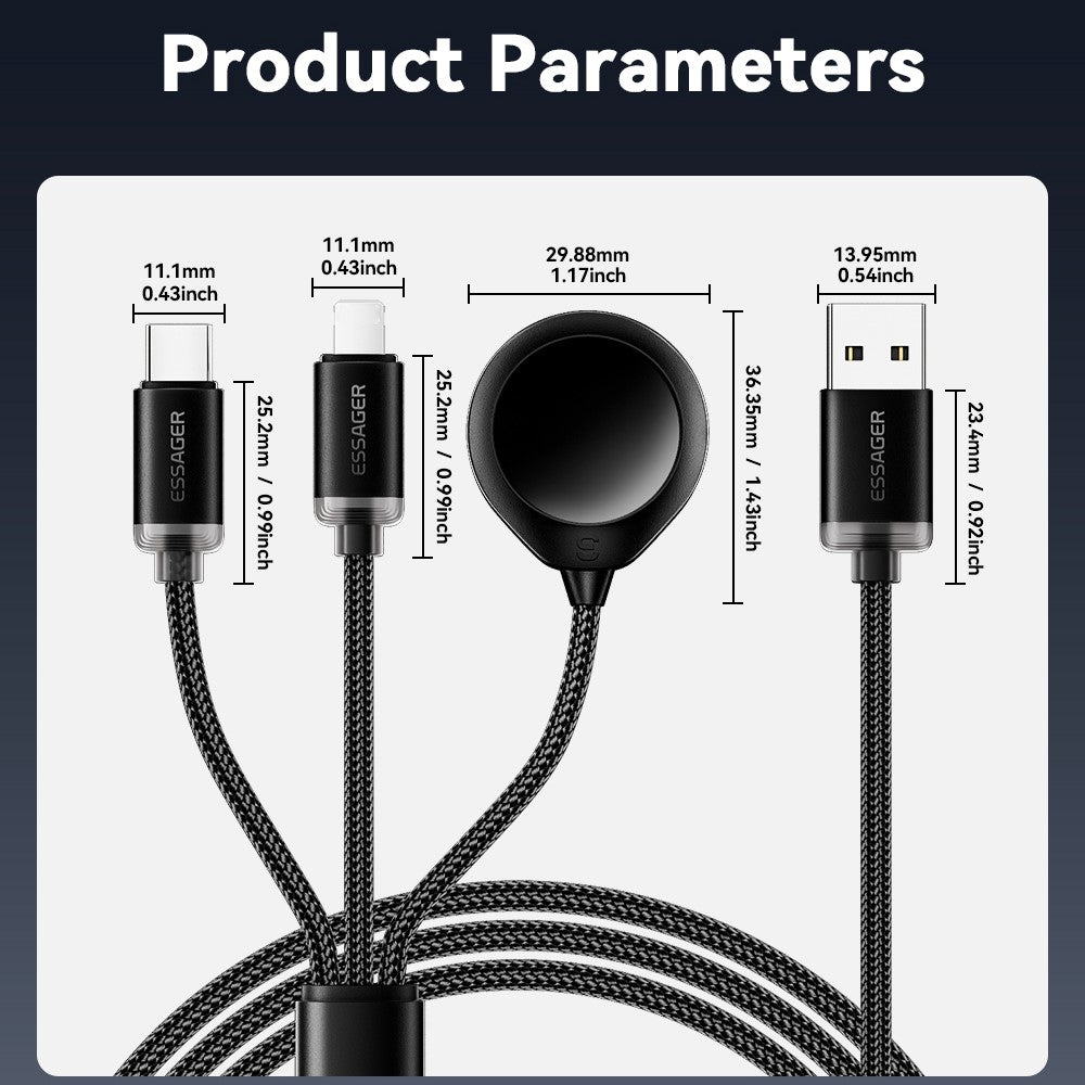 ESSAGER 1,2 m USB til Type-C + 8-pin + trådløs opladningsdock til Apple Watch flettet opladerkabel