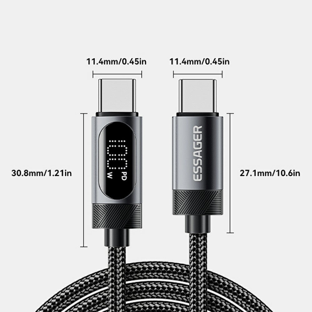ESSAGER 2m USB C to USB C Cable 100W Digital Display Fast Charging Data Sync Cord