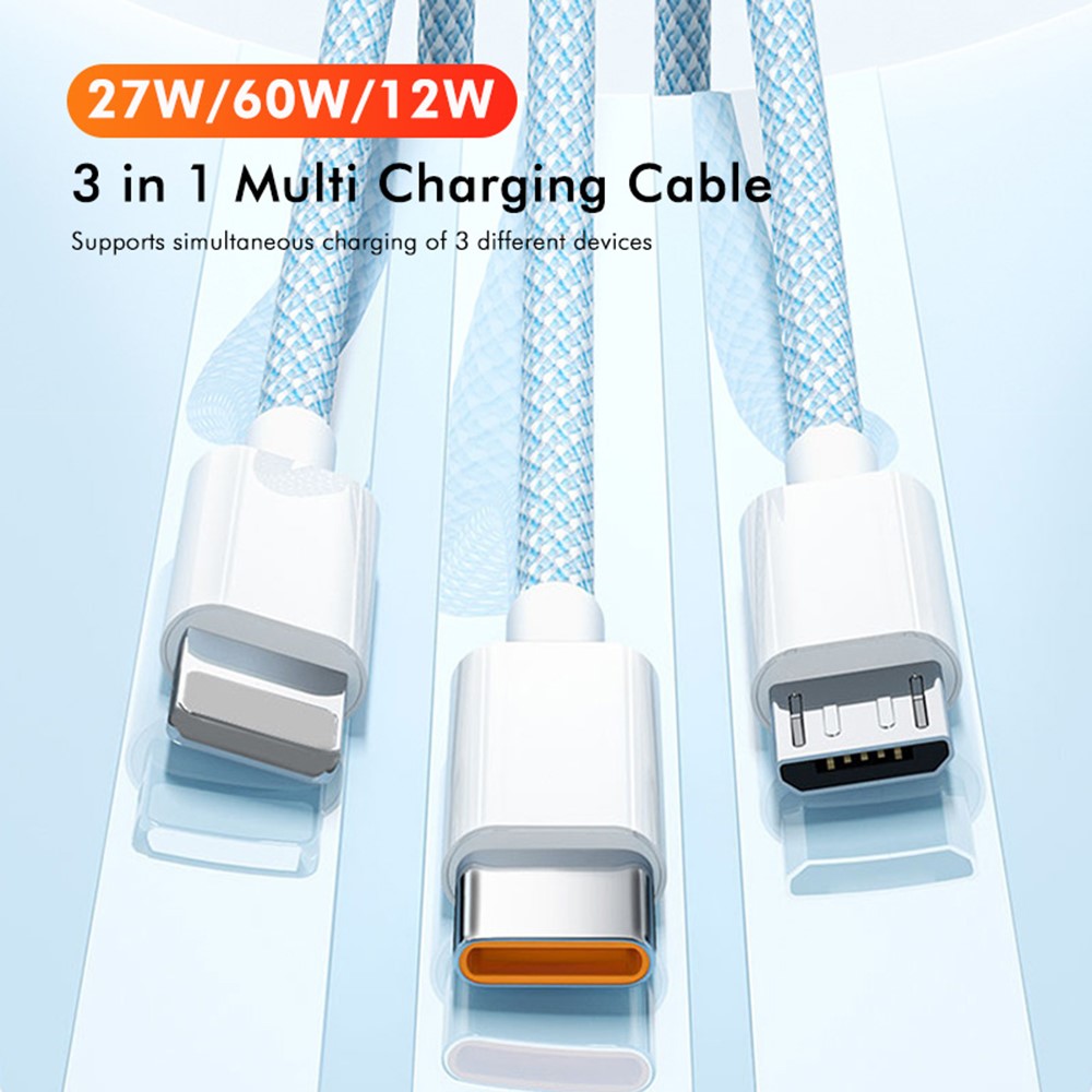 ENKAY 1.5m 3 in 1 USB to iP / Type-C / Micro USB 60W Charging Data Cable Braided Wire