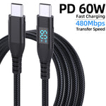 3 m USB-C til USB-C Kabel Digitalt Display 3A / 20V 60W Hurtigopladende Flettet Datakabel til Smartphones Tablets