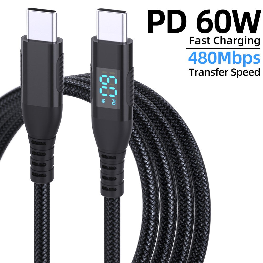 3 m USB-C til USB-C Kabel Digitalt Display 3A / 20V 60W Hurtigopladende Flettet Datakabel til Smartphones Tablets