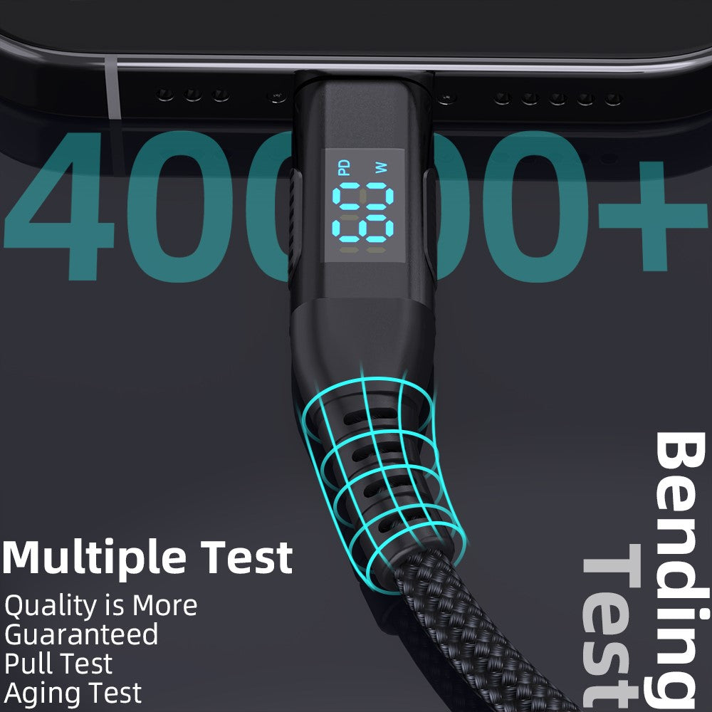 3 m USB-C til USB-C Kabel Digitalt Display 3A / 20V 60W Hurtigopladende Flettet Datakabel til Smartphones Tablets