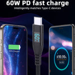 3 m USB-C til USB-C Kabel Digitalt Display 3A / 20V 60W Hurtigopladende Flettet Datakabel til Smartphones Tablets