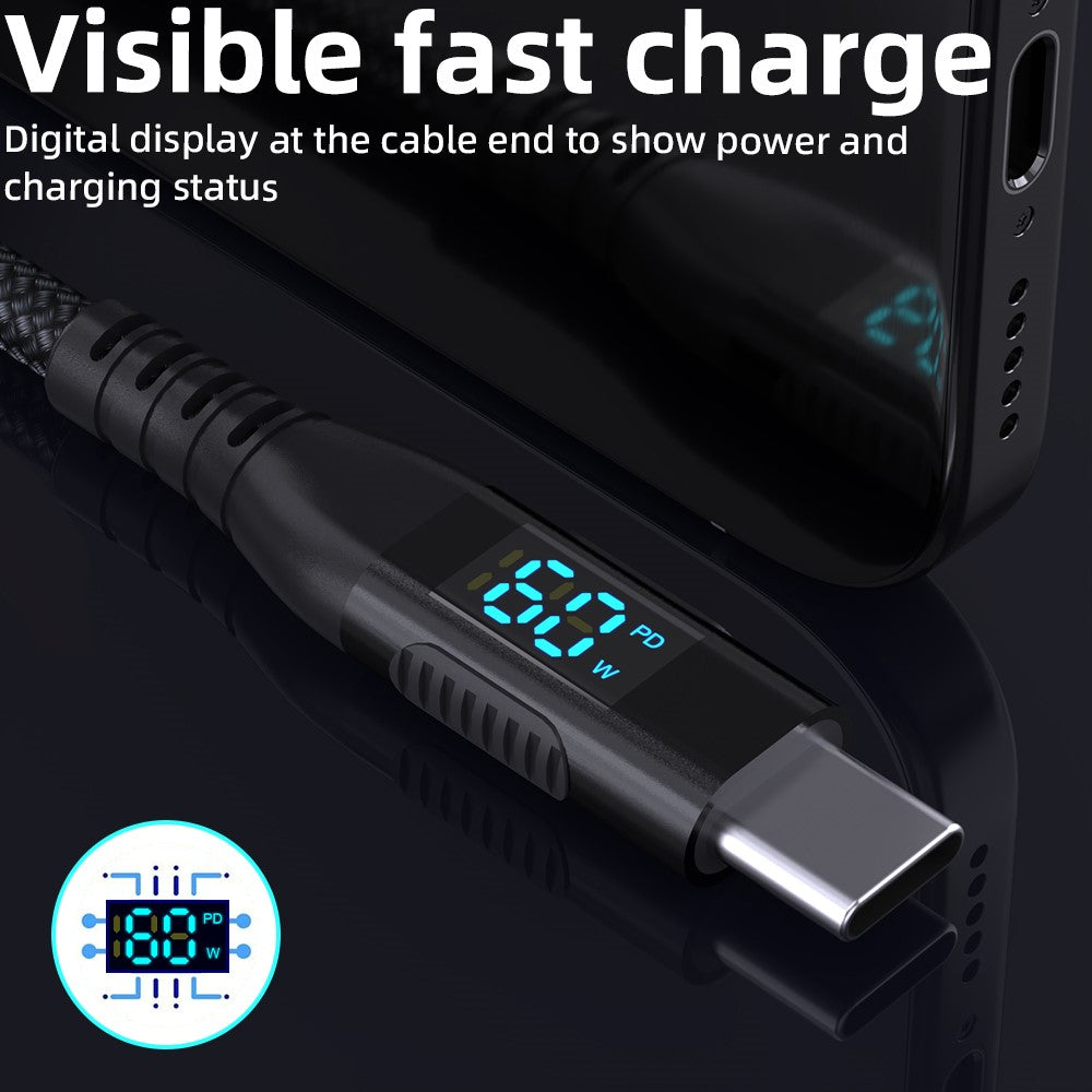 3 m USB-C til USB-C Kabel Digitalt Display 3A / 20V 60W Hurtigopladende Flettet Datakabel til Smartphones Tablets