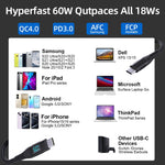 3 m USB-C til USB-C Kabel Digitalt Display 3A / 20V 60W Hurtigopladende Flettet Datakabel til Smartphones Tablets