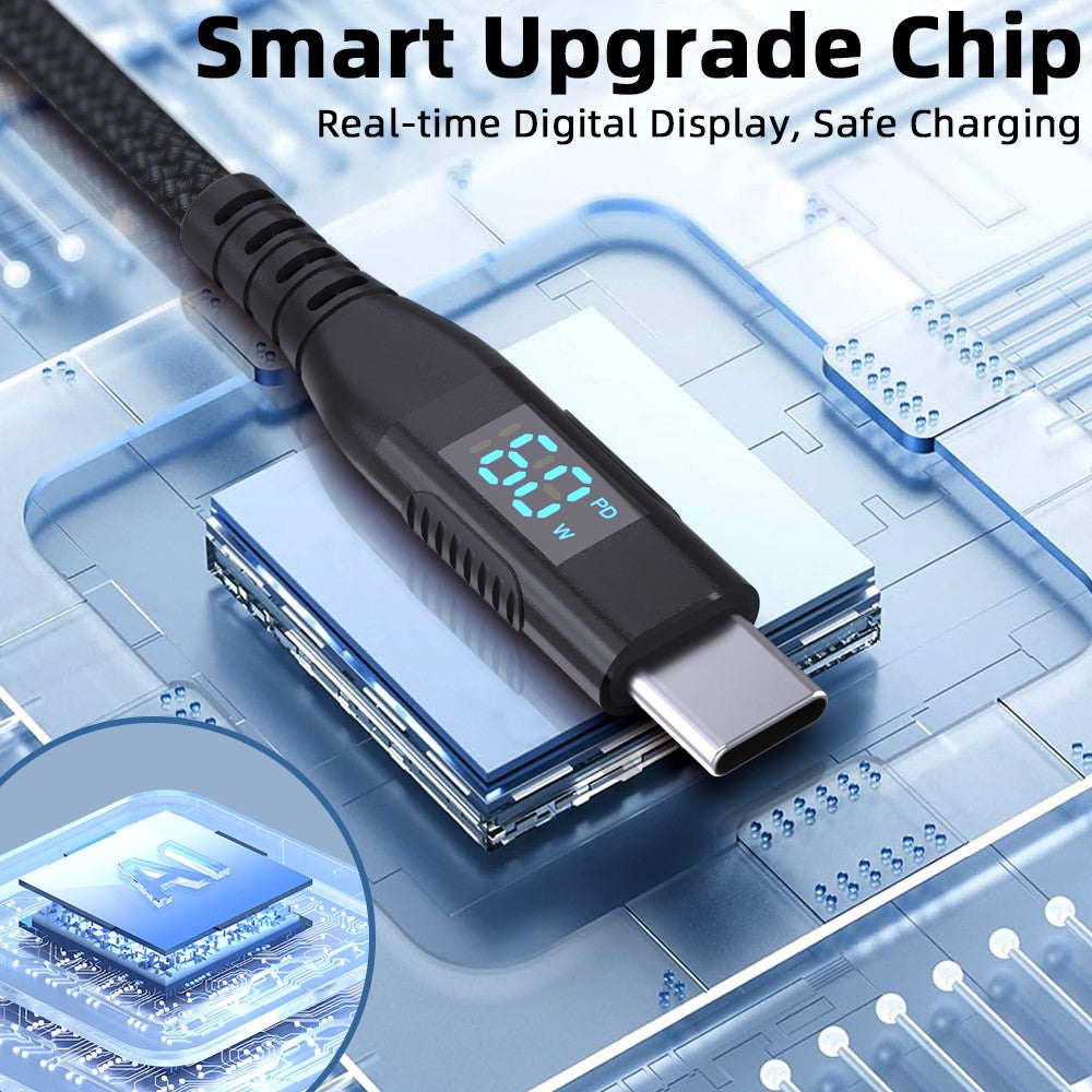 3 m USB-C til USB-C Kabel Digitalt Display 3A / 20V 60W Hurtigopladende Flettet Datakabel til Smartphones Tablets
