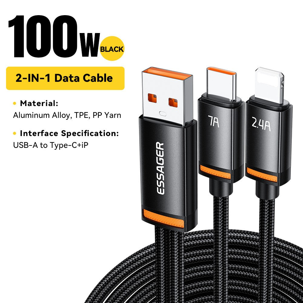 ESSAGER 1m USB-A to iP + Type-C Fast Charging Cable 100W PD Sync Data Transfer Cable