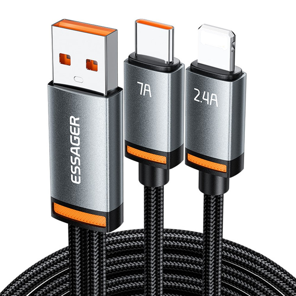 ESSAGER 1m USB-A to iP + Type-C Fast Charging Cable 100W PD Sync Data Transfer Cable