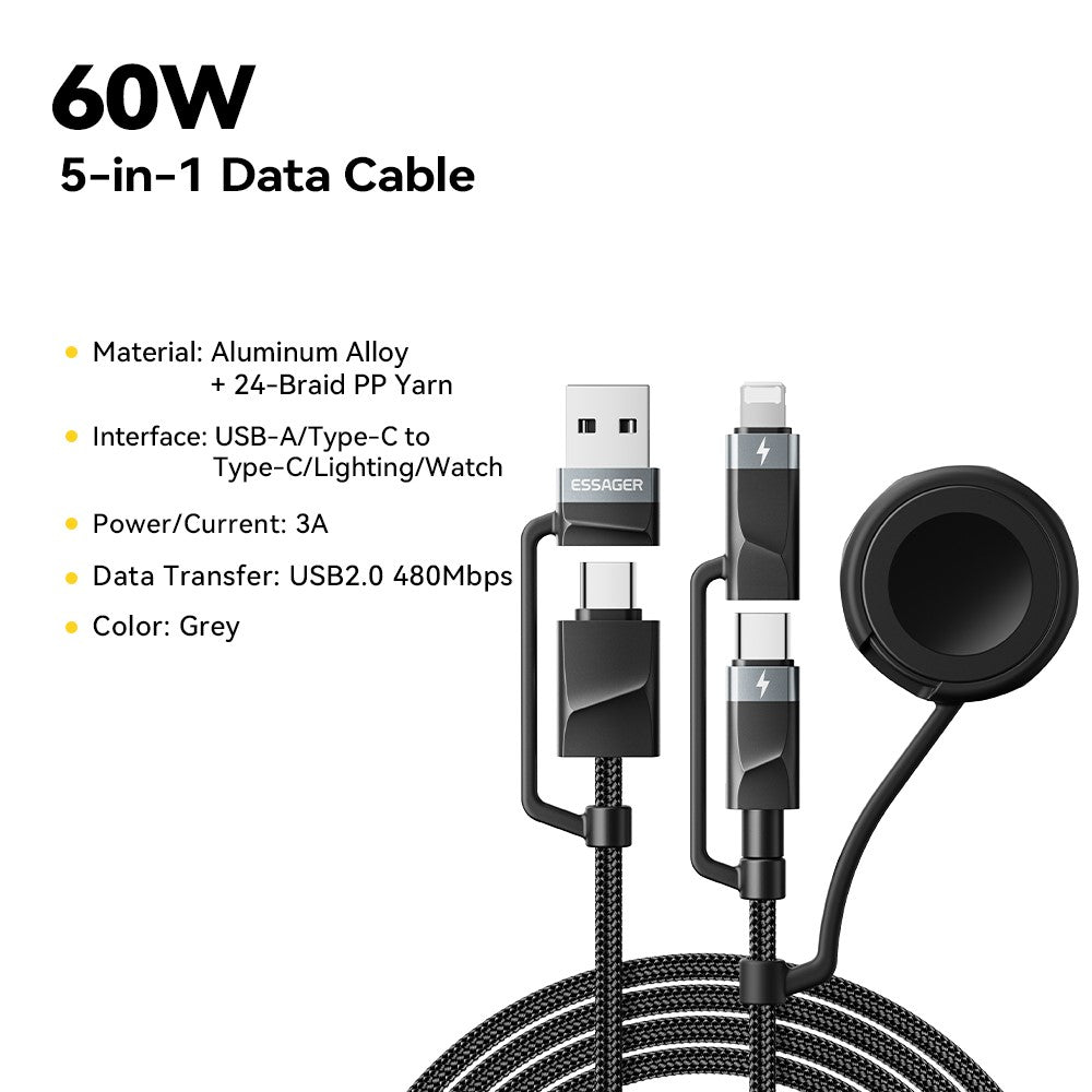 ESSAGER 5 in 1 Charging Cable 2M Fast Charging PD 60W Data Sync 480Mbps Cable for Phone  /  Tablet  /  Watch